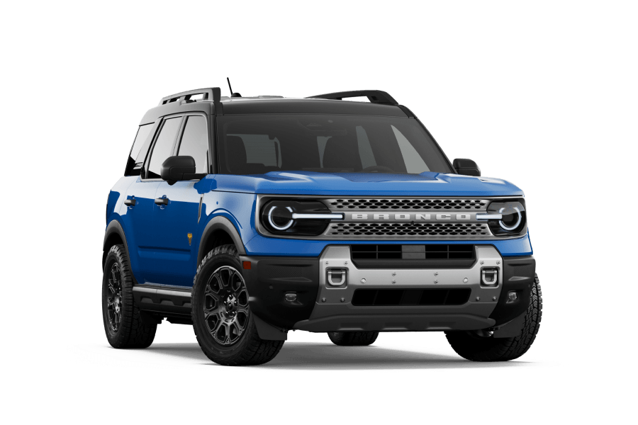 2026 Ford Bronco Sport Badlands in Velocity Blue Metallic, front three-quarter studio view.