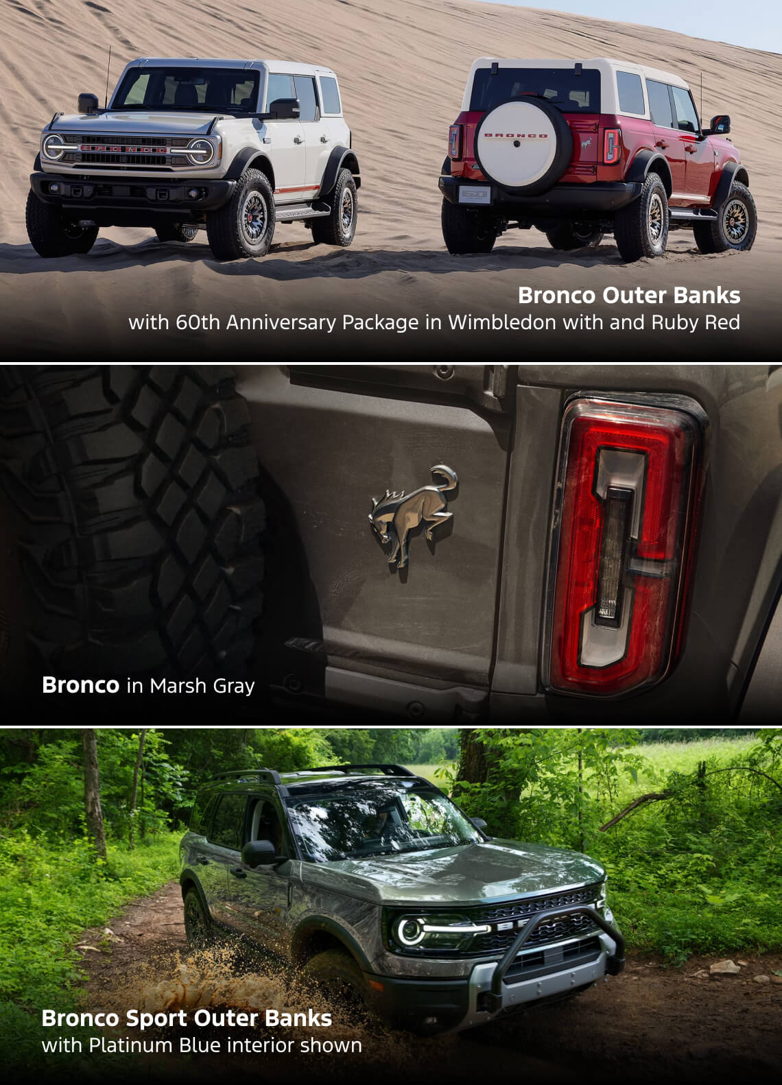 Collage of 2026 Ford Bronco 60th Anniversary in Wimbledon White and Ruby Red; Marsh Gray Bronco detail; Bronco Sport Outer Banks.