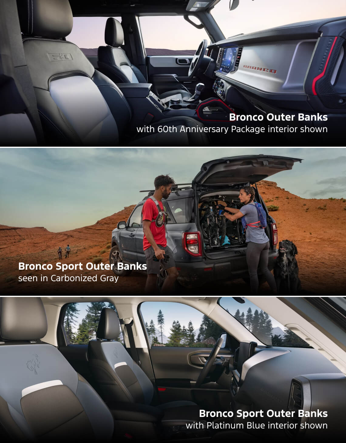 Collage of 2026 Ford Bronco Outer Banks 60th Anniversary cabin; Bronco Sport Outer Banks in Carbonized Gray and Platinum Blue interior.
