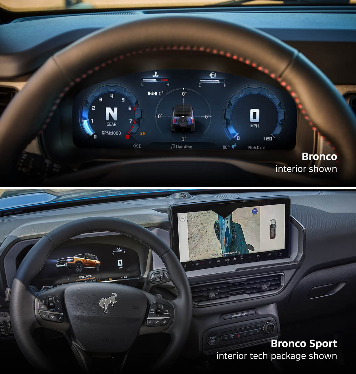 2026 Ford Bronco digital cluster. Bottom: 2026 Bronco Sport interior with tech package and surround-view display.
