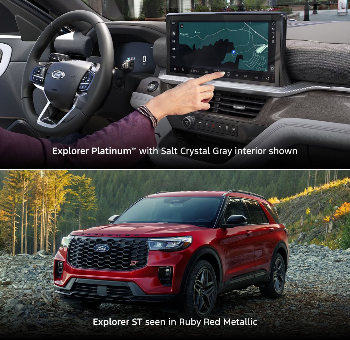 Explorer Platinum with Salt Crystal Gray interior shown, and Explorer ST seen in Ruby Red Metallic