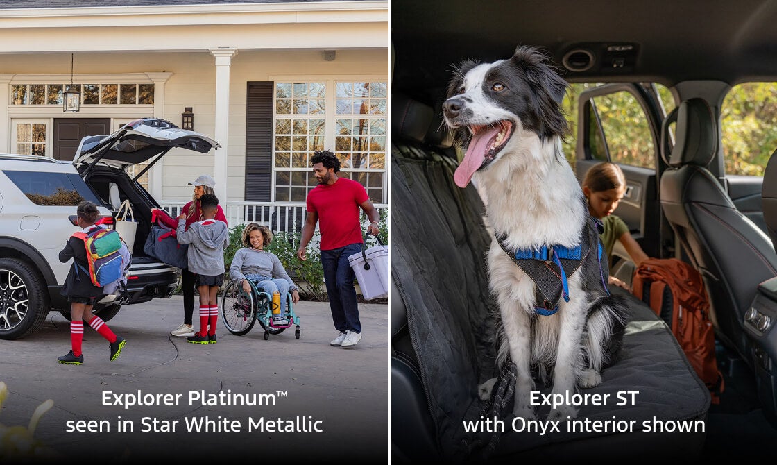 Explorer Platinum seen in Star White Metallic and Explorer ST with Onyx interior shown