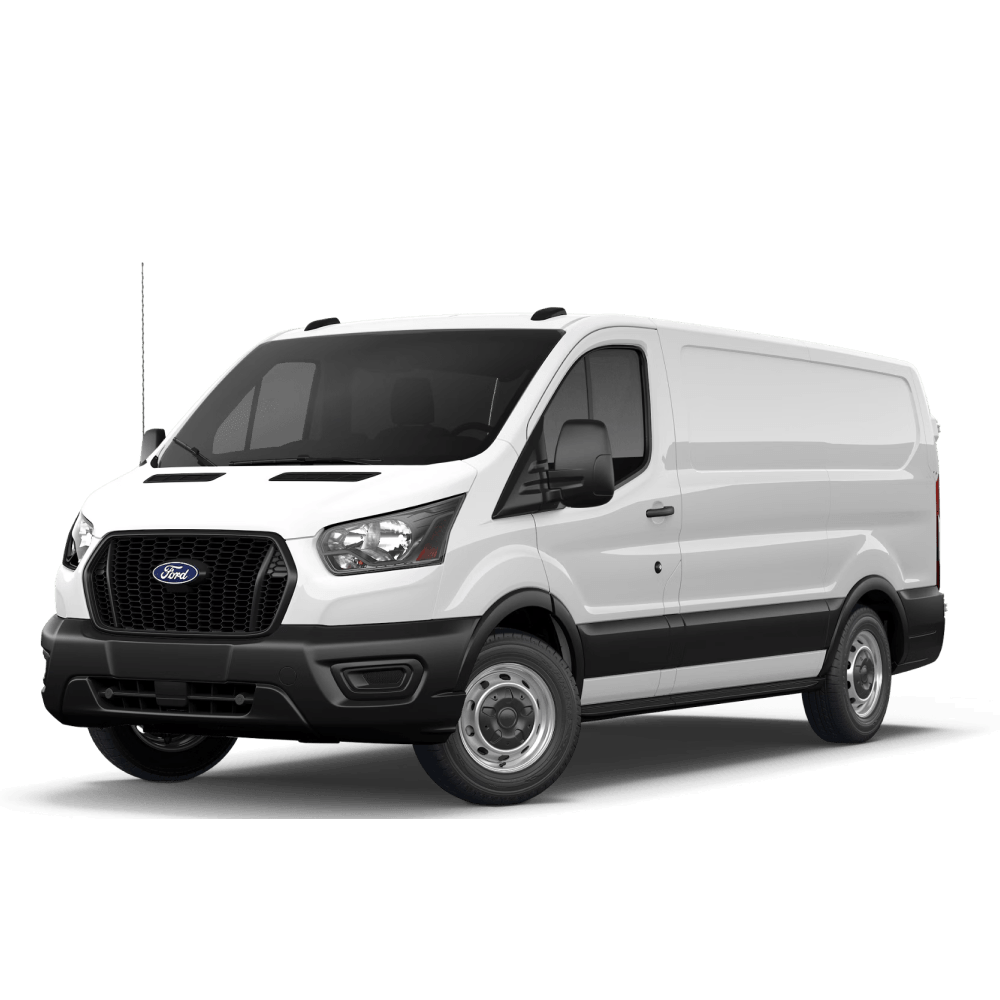 A 2027 Ford Transit Cargo Van in Oxford White in three quarter angle.