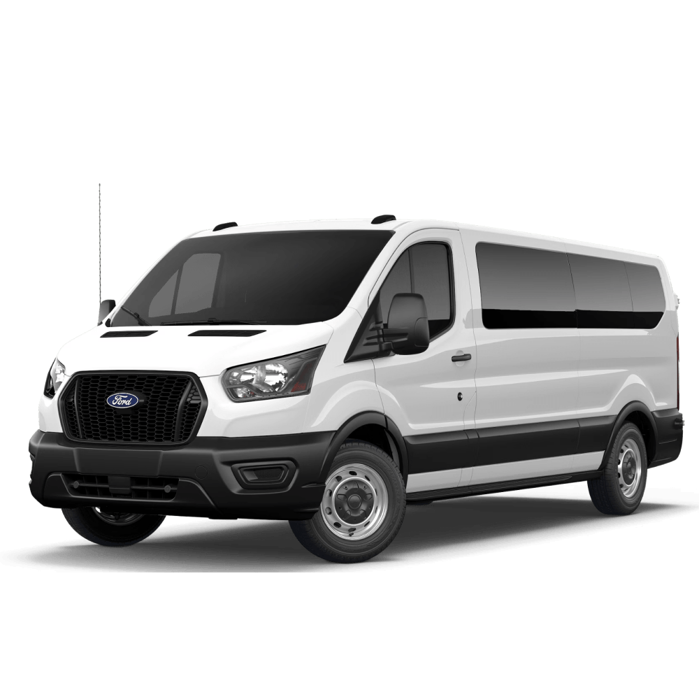 A 2027 Ford Transit Passenger Van in Oxford White in three quarter angle.