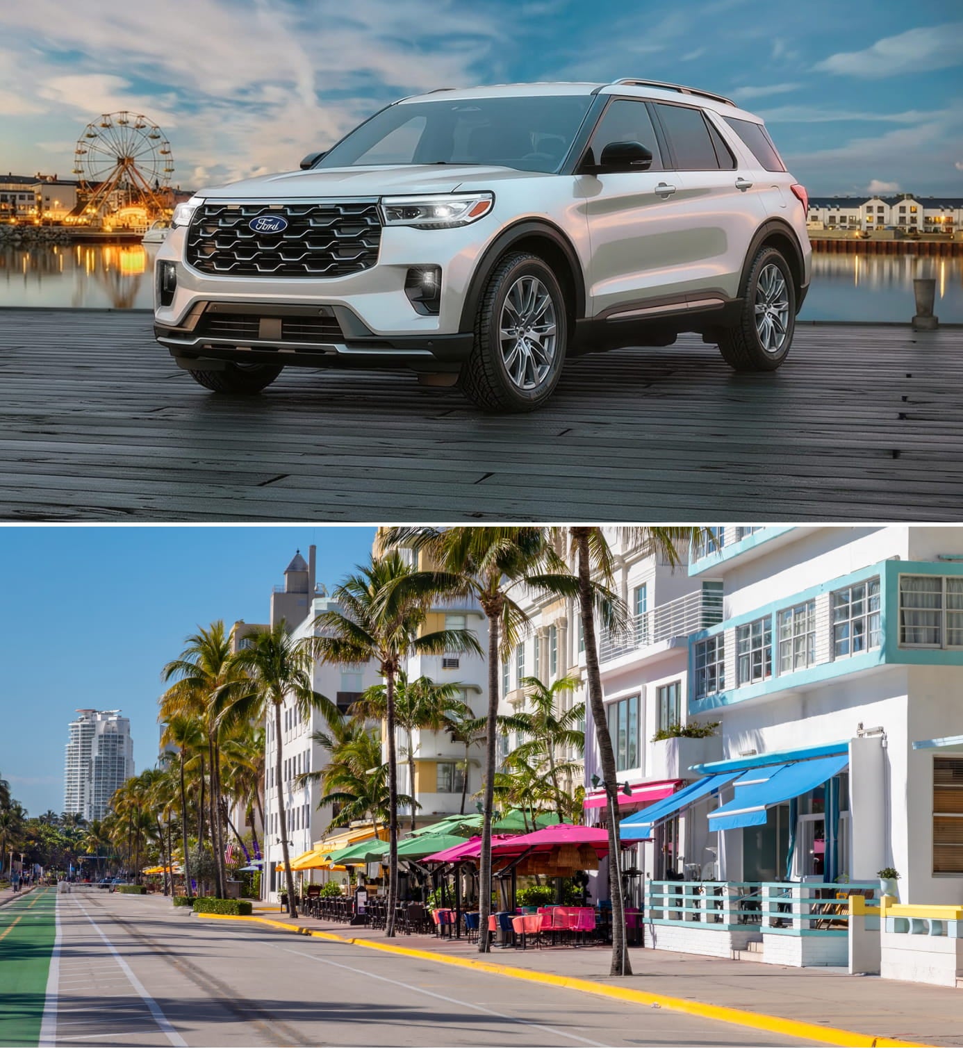 White Ford SUV parked by a waterfront above a palm-lined street with colorful buildings.