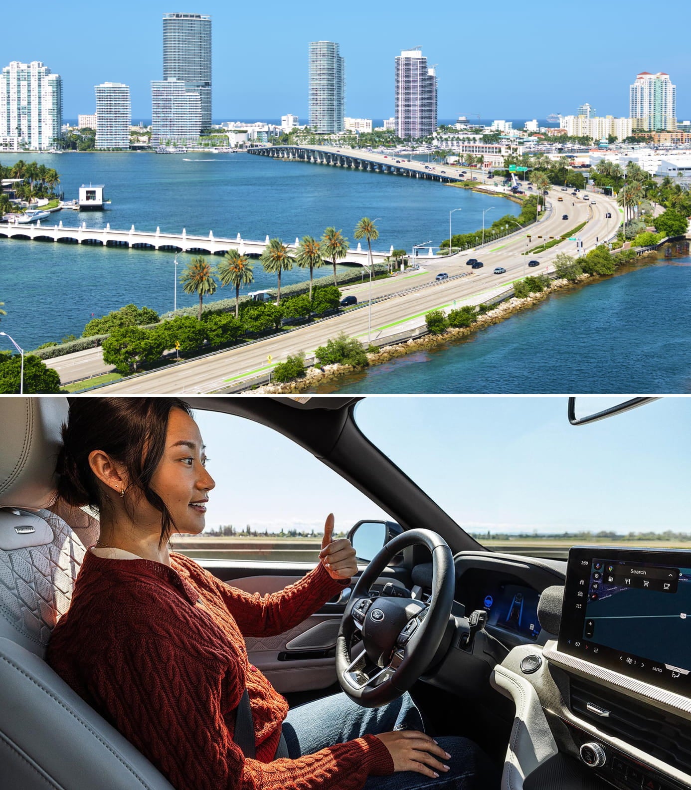 Waterfront highway and city skyline above a woman driving a Ford vehicle.