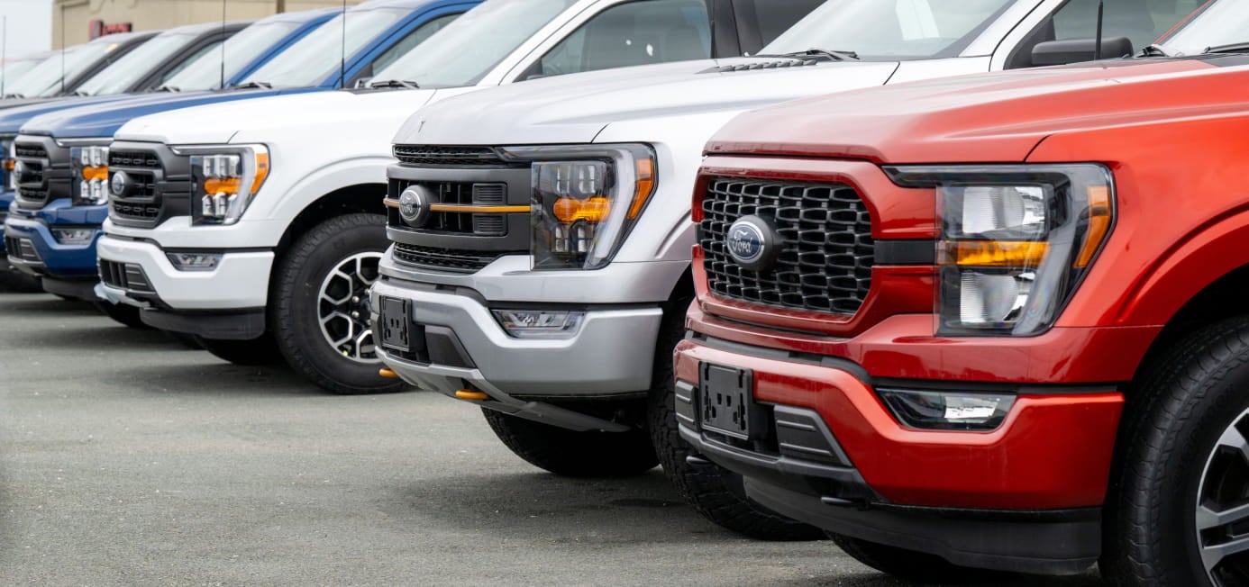 Ford pickup trucks in multiple colors lined up at a dealership.